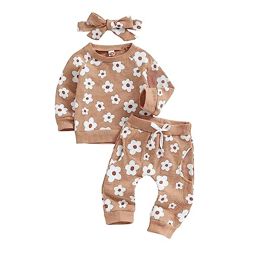 SHIBAOZI Newborn Infant Baby Girl Spring Waffle Outfits Toddler Clothes Long Sleeve Sweatshirt Headband Pants Suit (Khaki, 0-6 Months)