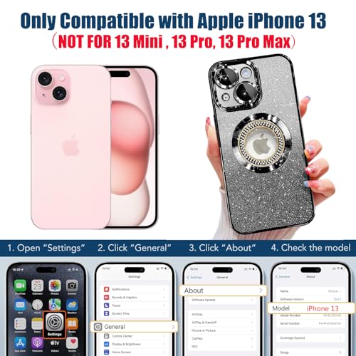Image of Misscase for iPhone 13 Magnetic Glitter Case Compatible with MagSafe,Full Protection Slim Shockproof Anti-Scratch Case with Camera Lens Protector Logo View Dust-Proof Net for Women Black