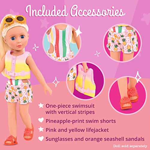 Glitter Girls – Bright as The Sun! – 14-inch Deluxe Swimsuit Doll Outfit – Toys, Clothes, & Accessories for Girls Ages 3 & Up, Brown includes Life Jacket, Swimsuit, Shorts, Sunglasses, Sandals