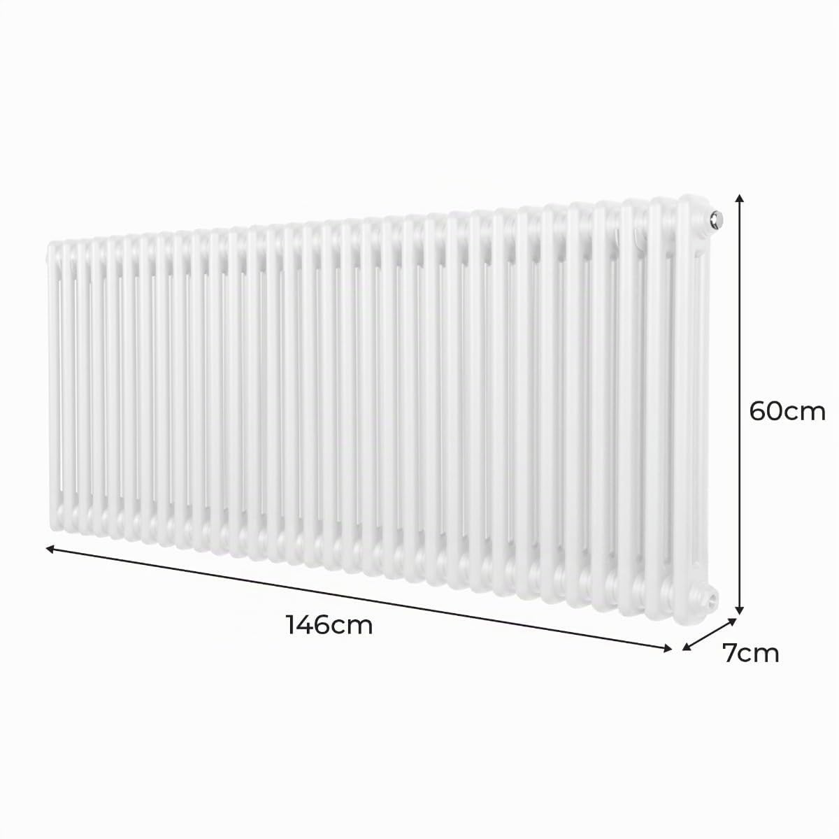 Radiador Tradicional Horizontal de 2 columnas 600mm x 1462mm | Blanco | Acero | Montado en pared | Kit de fijación y soportes + Cepillo de limpieza GRATIS | Calefacción estufa calefactor