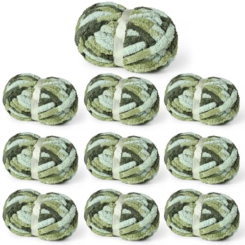 10 Pack Fluffy Chunky Chenille Yarn for Crocheting Jumbo Chunky Blanket Yarn for Hand Knitting 240yds/70.5oz Super Bulky Variegated Baby Blanket Yarn (Forest Green)
