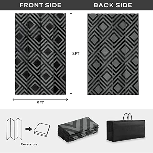 Ashler Outdoor Plastic Straw Rug Waterproof for Patio, Clearance Reversible Camping Mats, 5x8 Large Outdoor Area Rugs with Carrying Bag, for RV, Picnic, Backyard, Indoor, Dark Grey - Image 4