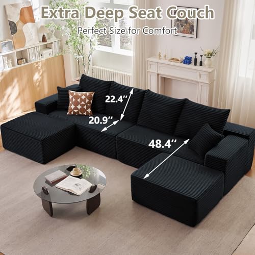 Image of 140 inch Sectional Cloud Couch for Living Room, Stupendous U Shaped Sofas, Modular Floor Deep-Seat Sofa, Big Comfy Corduroy Couches Set with Fluffy Memory Foam, No Assembly Required, Black