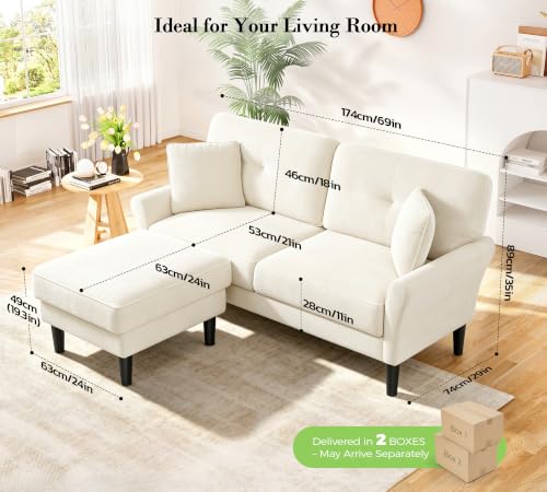 Image of Kidirect Small Sectional Couch, 69 inch L Shaped Couch, Sectional Sofa, White | Comfy Velvet Couch, Tool-Free Setup, 750lb Max Load, Movable Ottoman, Ideal for Living Room, Bedroom, Apartment, Office