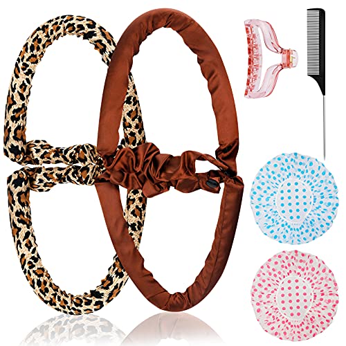 Hicdaw 2PACK Hair Heatless Curls Ribbon Non-heat Curling Hair Band with Rat Tail Comb Shower Cap Set for Most Hairstyles