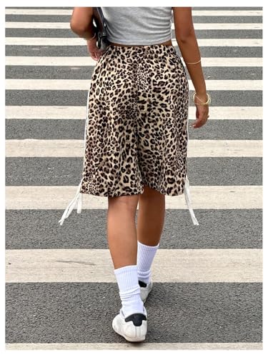 SHENHE Girl's Leopard Print Striped Bow Shorts Y2k Elastic Waist Casual Workout Bermuda Shorts3