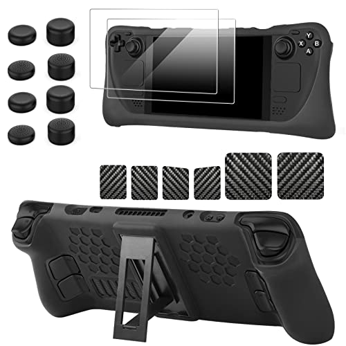 Bigqin Coque Silicone Compatible avec Steam Deck, 17 en 1 Accessoires Protection Résistante Aux chocs, Housse Béquille Réglable avec Capuchons Pouce pour écran, Autocollants en Film trempé, Noir Cover