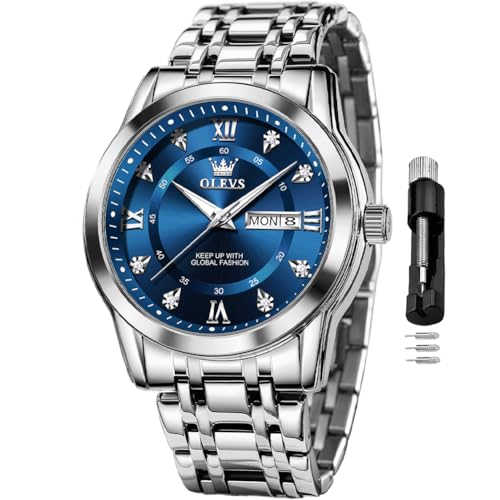 Image of OLEVS Watch for Men Classic Business Dress Analog Quartz Stainless Steel Waterproof Luminous Date Diamond Men Silver Watch