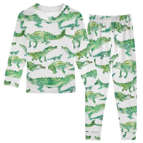 Cartoon Pajamas Set Crocodile Pattern Green Long Sleeve PJs Cotton Jammies Sleepwear Top and Pants