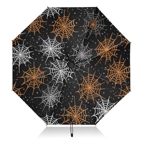 Paraguas de viaje resistente al viento para lluvia compacto, paraguas para mochilas/bolsos, lluvia, viento y sol, telarañas de Halloween, color blanco