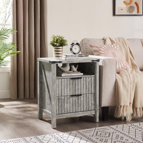 BuildHom Grey Nightstand with Charging Station - 20 Inch Wide Farmhouse Fluted Bedside Table with 2 Drawers, Modern Wood End Side Table for Bedroom Study Storage Home - Image 7