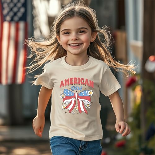 Image of Girl American Flag Shirts Bow Tshirt 4th of July Shirt Cotton Short Sleeve Tees 2-12 Years