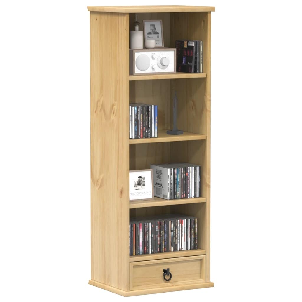 Mobile Porta CD 40x30x110 cm Legno Massello di Pino | Cassetto e scomparti a giorno, finitura cerata ambra, multifunzionale per ufficio o camera da letto