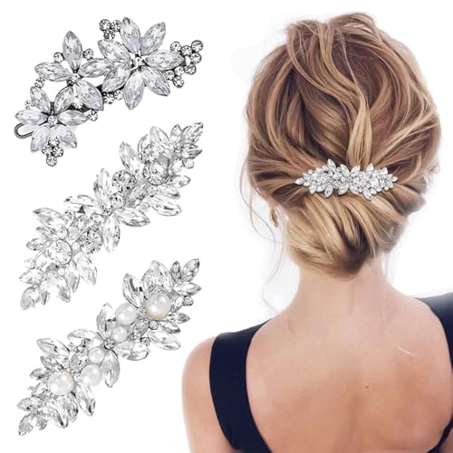 TRKETK 3 Pièces Clips de Cheveux de Mariée Strass, Coiffe de Mariage Pince à Cheveux Argentée Cristal Perle Pinces à Cheveux Cristal Fleur Barrettes à Cheveux pour...