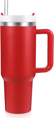 Vaso aislado al vacío de acero inoxidable de 40 onzas con tapa y popote para agua, batidos y más, té helado o café (rojo navideño)