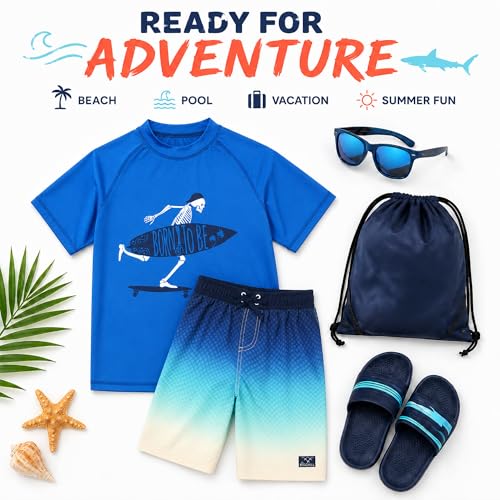 Image of Big Chill Boys Swim Set - 2 Piece Quick Dry UPF 50 Short Sleeve Rash Guard for Boys and Swim Trunks - Swimwear Set for Kids