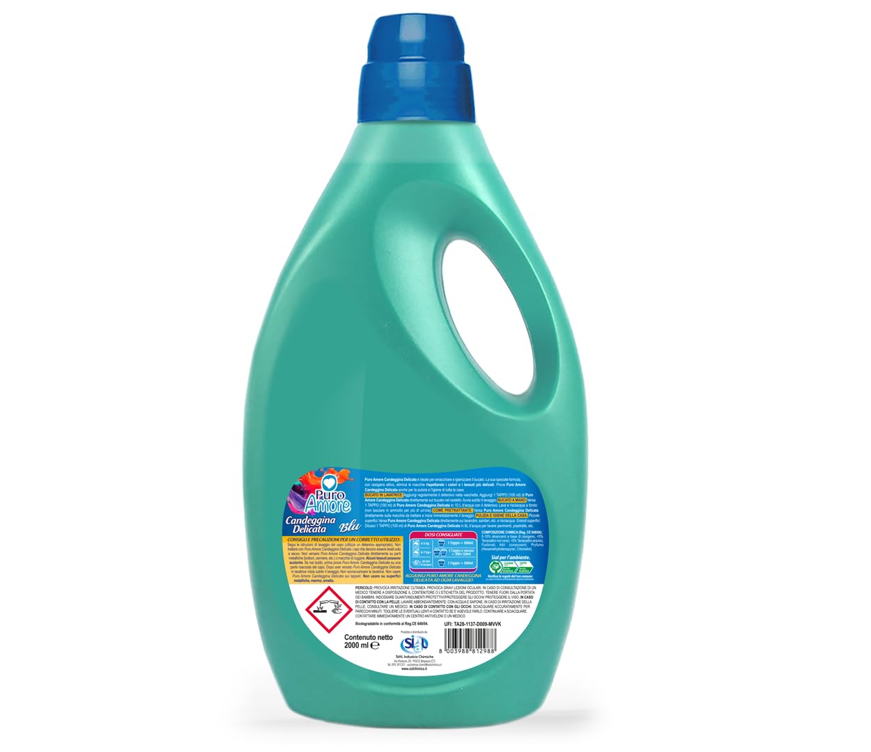 6x Puro Amore Candeggina Delicata Blu,Bleichmittel ideal für alle Stoffarten - Wirksam Gegen Flecken 2000ml + Beni Culinari Kostenloser Schlüsselanhänger