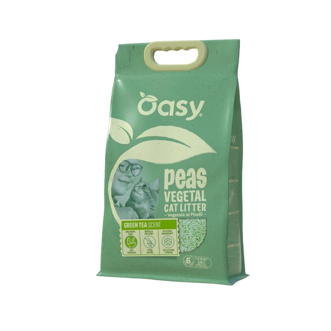 Litière pour chat végétale Oasy, litière en tofu végétal aux pois, parfum au thé vert pour chats de tous âges, élimination facile, contrôle des odeurs, agglomérant | 1 lot de 6 l