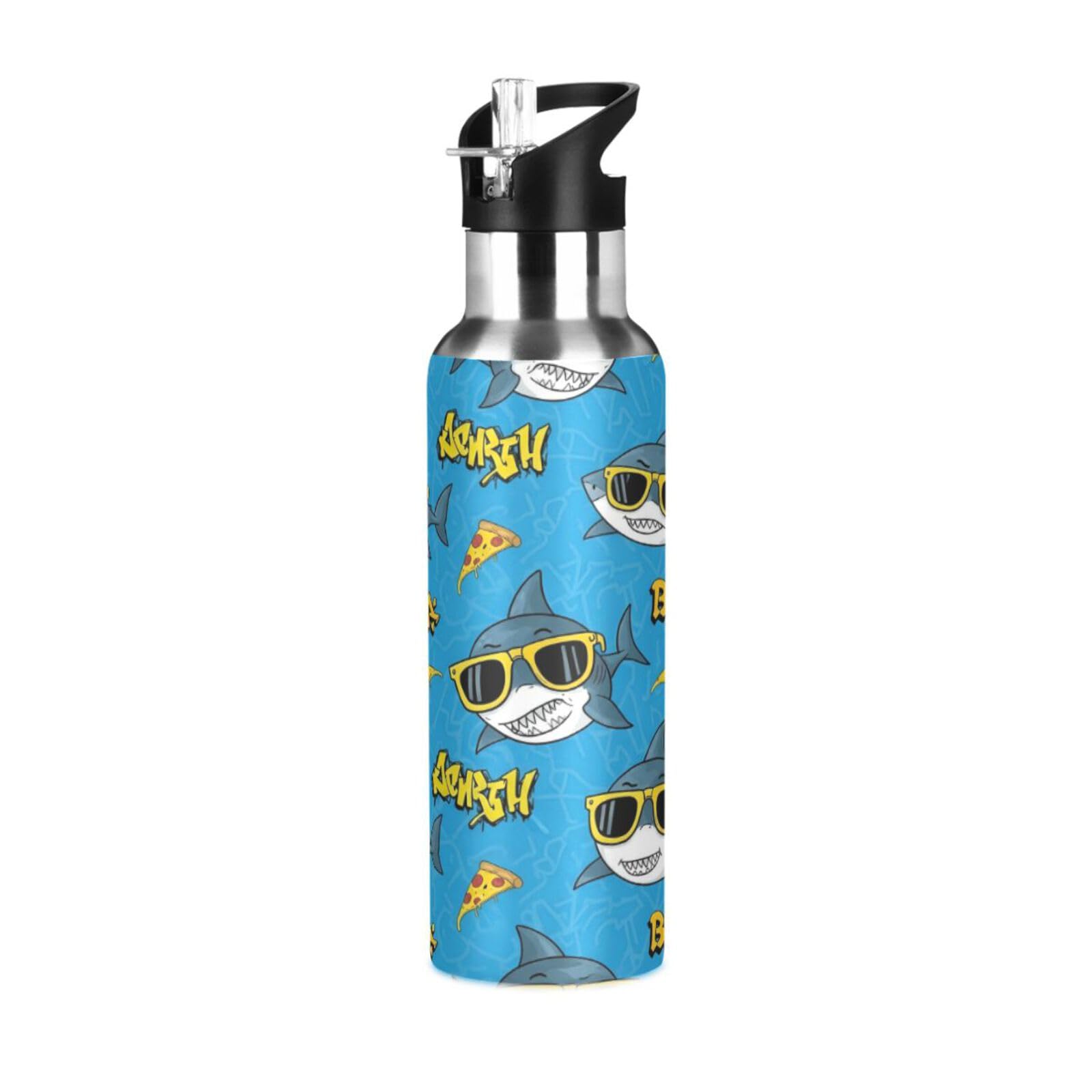 BOESI Cool Sharks Insulated Water Bottle 600ml, Stainless Steel Vacuum Sports Bottle with Straw, Leak Proof Thermal Bottle for Gym Travel Outdoor