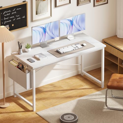 Image of OLIXIS Computer Desk, 55 Inch Gaming Desks for Home Office Small Spaces | Writing Study Craft Work Table, Computer Workstation for Bedroom with Storage Bag, All White