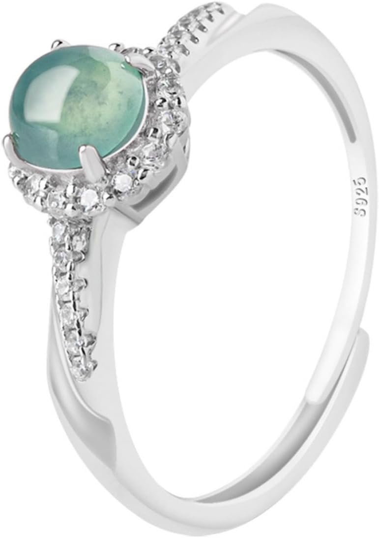 S925 Sterling Silver Jade Ring, Natural A-Grade Jade Blue Water Egg-Face Ice-Type with Moissanite Adjustable Ring, A Gift for Your Daughter on Graduation