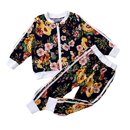Toddler Baby Girl Fall Winter Clothes Long Sleeve Sweatshirt Floral Pants 2Pc Tracksuit Jacket Active Clothing Set (Floral Dark Blue,4-5T)