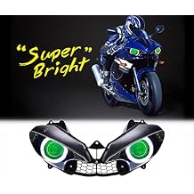 KT Headlight Assembly for R6 2003-2005 Green Demon Eyes Angel Eyes Custom Modified Motorcycle Front Head Lamp Dual High/Low Beam Sportbike DRL