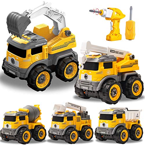 IFLOVE RC Engineering Toys Vehicle Take Apart Toys with Electric Drill Converts to Remote Control Car Toys Transformers Construction Mini Vehicles Excavator Mud Truck Removable Parts (Five-in-one)