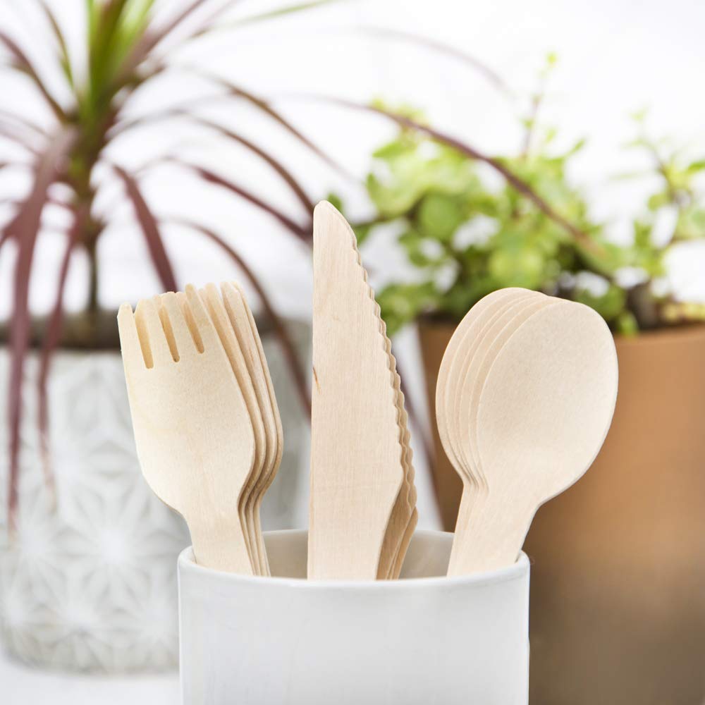 Set di 150 posate usa e getta in legno, biodegradabili, ecologiche, per barbecue, picnic, feste, 50 forchette, 50 cucchiai, 50 coltelli