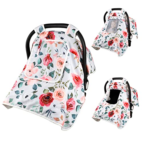 Image of Winter Car Seat Covers for Babies, Minky Baby Car Seat Cover with Peep Windows & Breathable Mesh, Infant CarSeat Canopy for Girls, Rose Floral