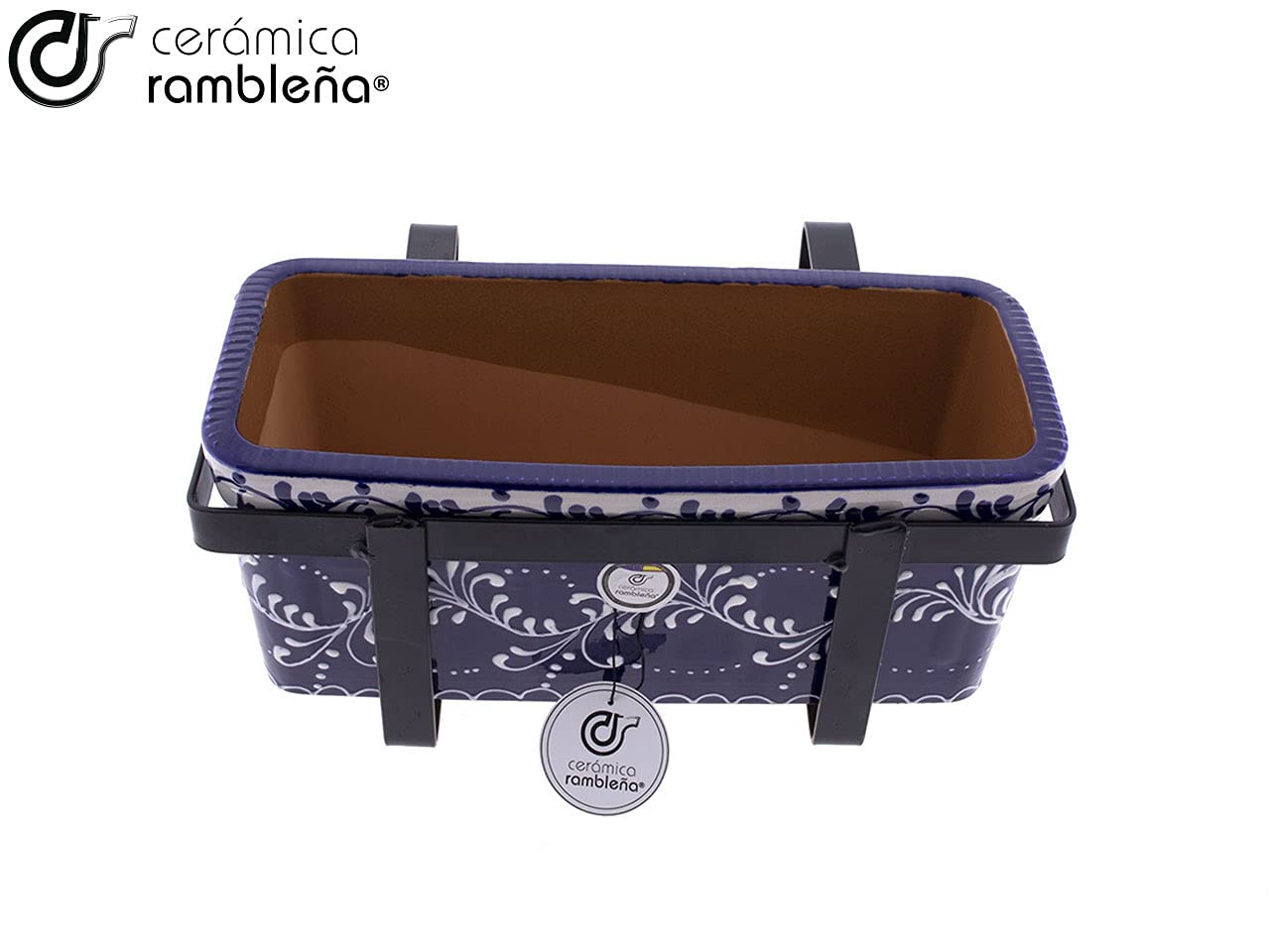 CERÁMICA RAMBLEÑA | Jardinera Rectangular Exterior para Balcón | Cerámica Patio Andaluz | 100% Decorada a Mano | 31x13x13 cm | Soporte Balcón Forja Incluido