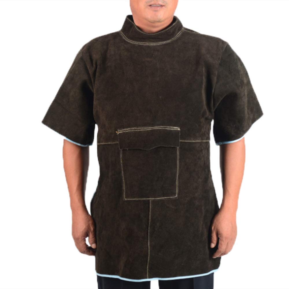 Tablier de soudure en cuir à manches courtes et col haut, XXL, marron