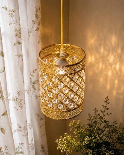 Image of Homesake Moroccan Crystal Hanging Pendant Light, Vintage Metal Jali Ceiling Lamp, Bulb Included for Living Room, Bedroom & Balcony, Warm Ceiling Light, Gold Round
