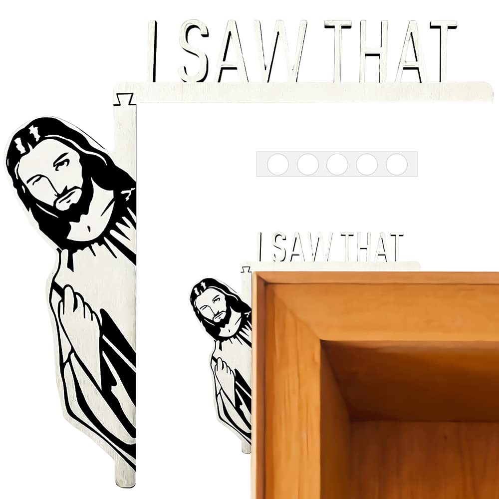 Creative Door Corner Decor, Senbos Wood Funny Jesus Sign I Saw That Door Sitter Sign, Bless This Home Wall Decor Frame Corner Decoration for Mirror Cabinet Drawer Furniture