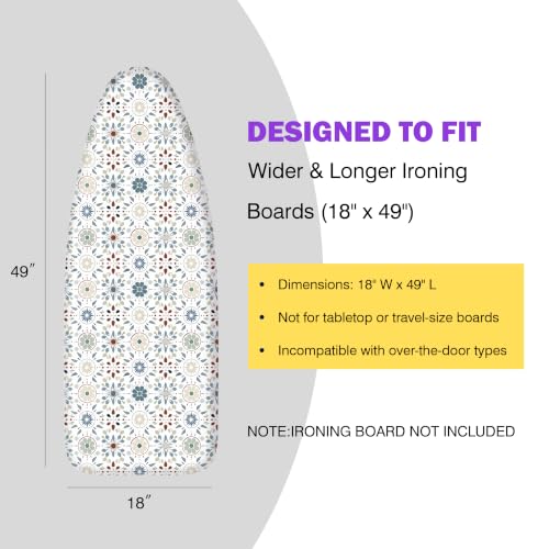 Image of Ironing Board Cover and Pad 18x49 Large, Extra Thick Natural Cotton, Silicone Coated, Scorch Resistant, Elastic Edge with Hook Loop Strap, Wide Iron Board Padding, Heatproof Boho