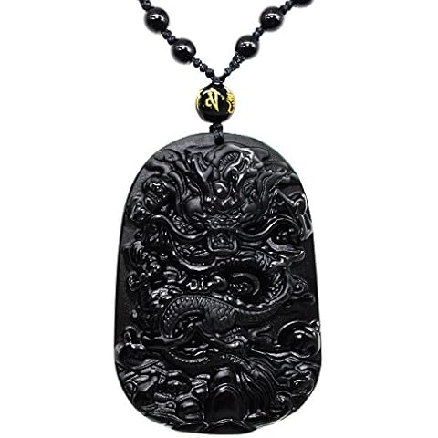 Omonic Natural Black Elegant Obsidian Carved Dragon Chakra Pendant Necklace Beads Chain for Lucky (gift box include) Cover