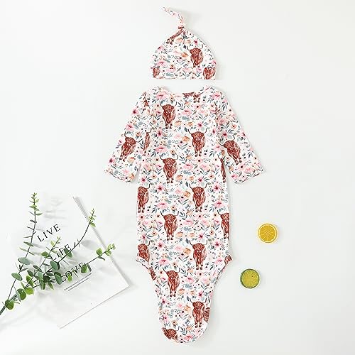 Image of AMAWMW Newborn Baby Boys Girls Cartoon Sleeper Gown Long Sleeve Mountain Nightgown Hat Outfits