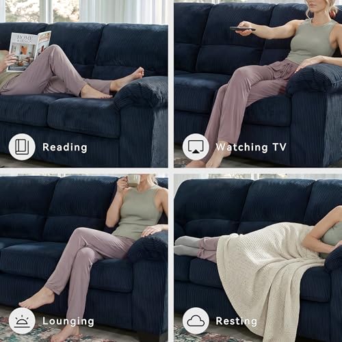 Image of Signature Design by Ashley SimpleJoy Sofa, 83 inch Navy Blue Contemporary 3-Seater Couch, Soft Polyester Corduroy Fabric with Anti-Sag Platform Foundation, Living Room Furniture
