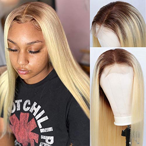 613 Blonde Lace Front Wigs Human Hair Silky Straight 2 Tones Lace Clousre Wig for Black Woman Pre Plucked with Baby Hair Ombre 4x4 Closure Wigs Full Ends Short 12 Inch
