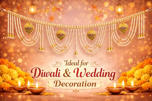 Image of Designer Pearl Beads Toran for Door | Golden Bandarwal with Hanging Motifs | 3 Feet Length | Traditional Festive Home & Pooja Decoration for Diwali, Wedding & Housewarming