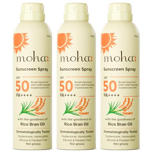 Image of Moha Sunscreen Spray SPF 50 PA++++ | Broad Spectrum UVA /UVB & Blue Light Protection | Lightweight, Non-Sticky, Non-Comedogenic & Alcohol-Free SPF Spray | With US & EU Grade Ingredients | For Teens, Women, Men, Oily & Dry Skin | Pollution Defence, Water & Sweat Resistant, No White Cast, With Rice Bran Oil - 170g (Pack of 3)