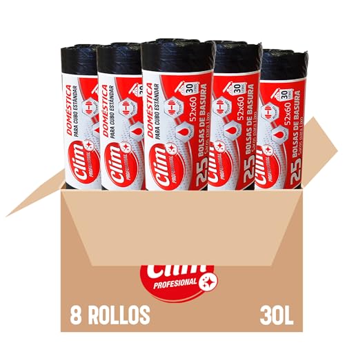 Clim Profesional 200 Bolsas de Basura Domésticas para Papelera de Oficinas. Capacidad 30 Litros y Medida 52x60 cm. Sistema Antigoteo, sin Autocierre. Caja con 8 rollos de 25 uds