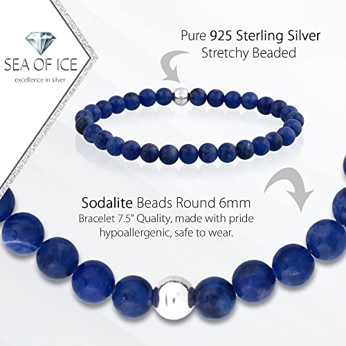 Sea of Ice Precious Gemstone 6mm Round Beads with Sterling Silver Stretchy Beaded Bracelet 7.5" Unisex2