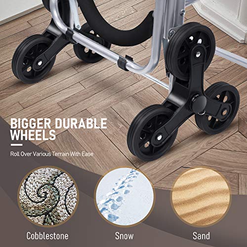 Klvied Folding Shopping Cart for Groceries, Heavy Duty Stair Climber Cart with Tri-Wheel, Metal Utility Trolley Dolly with Foldable Chair, Bigger Waterproof Shopping Bag, Adjustable Elastic Rope - Thumbnail 4