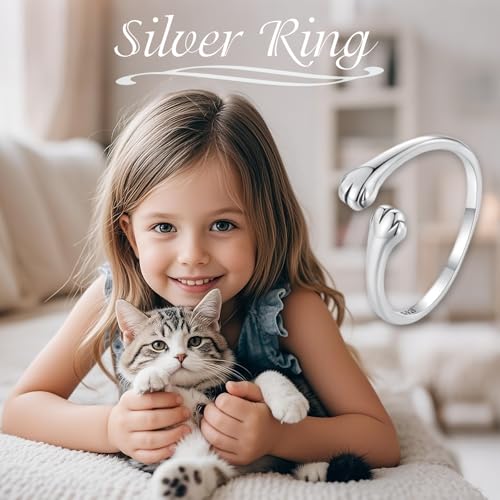 Qings Katze Umarmung Ringe für Damen, 925 Sterling Silber Verstellbarer Katzen Pfote Rings Stapelbare Süß Tier Pfotenabdruck Offener Finger Ring, Schöne Schmuck Geburtstags Geschenk für Frauen Mädchen