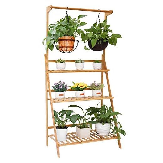 unho Bamboo Hanging Plant Shelf Foldable 3 Tier Ladder Stand Display Rack for Garden Flower Baskets Planters (70x40x96cm)