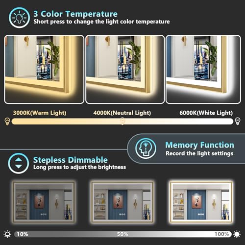 Image of 66x36 Gold Beveled LED Bathroom Mirror Backlit & Front Lit Anti-Fog | Brushed Gold Framed, Anti-Fog Lighted Vanity Mirror, Dimmable, 3-Color Light, Memory, CRI95, HD Tempered Glass, UL Listed