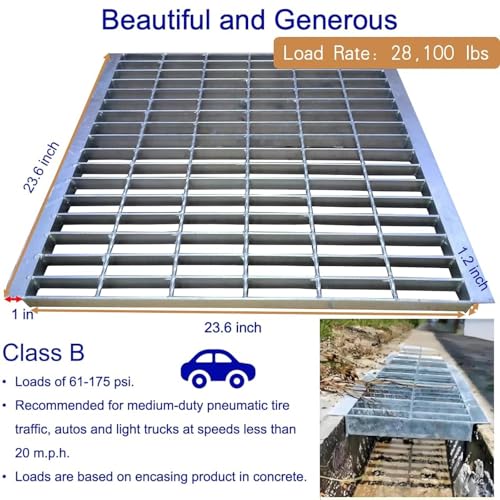 Image of Galvanized Steel Drain Grate with Lip 24x24 in, B-Class 28100 lbs Heavy-Duty Driveway Channel Cover w /Base, Outdoor Trench Drainage Grate, Silver Square Metal Sewer Cover for Garage