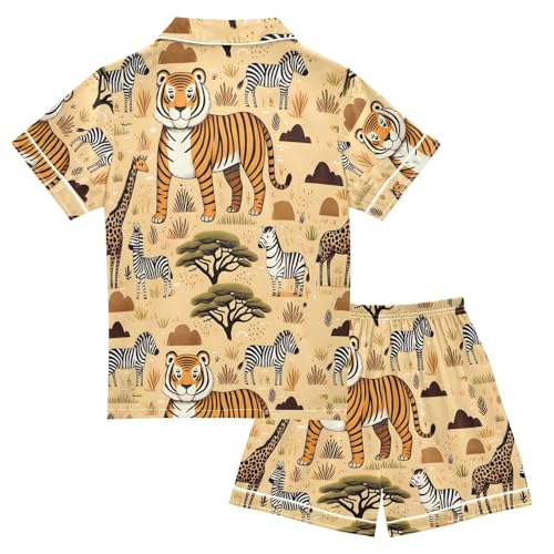 ALAZA Giraffe Tiger Zebra Cute Pajamas Satin Pajama Set Short Sleeve Button Down Sleepwear2