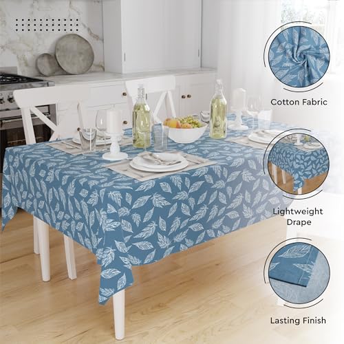 Image of Encasa XO Dining Table Cover Cloth for 4 to 6 Seater (56 inchx72 inch) | Cotton Rectangular Dining Table Cloth - Machine Washable Rectangle Tablecover for Wedding, Party, Buffet - Big Leaves Blue